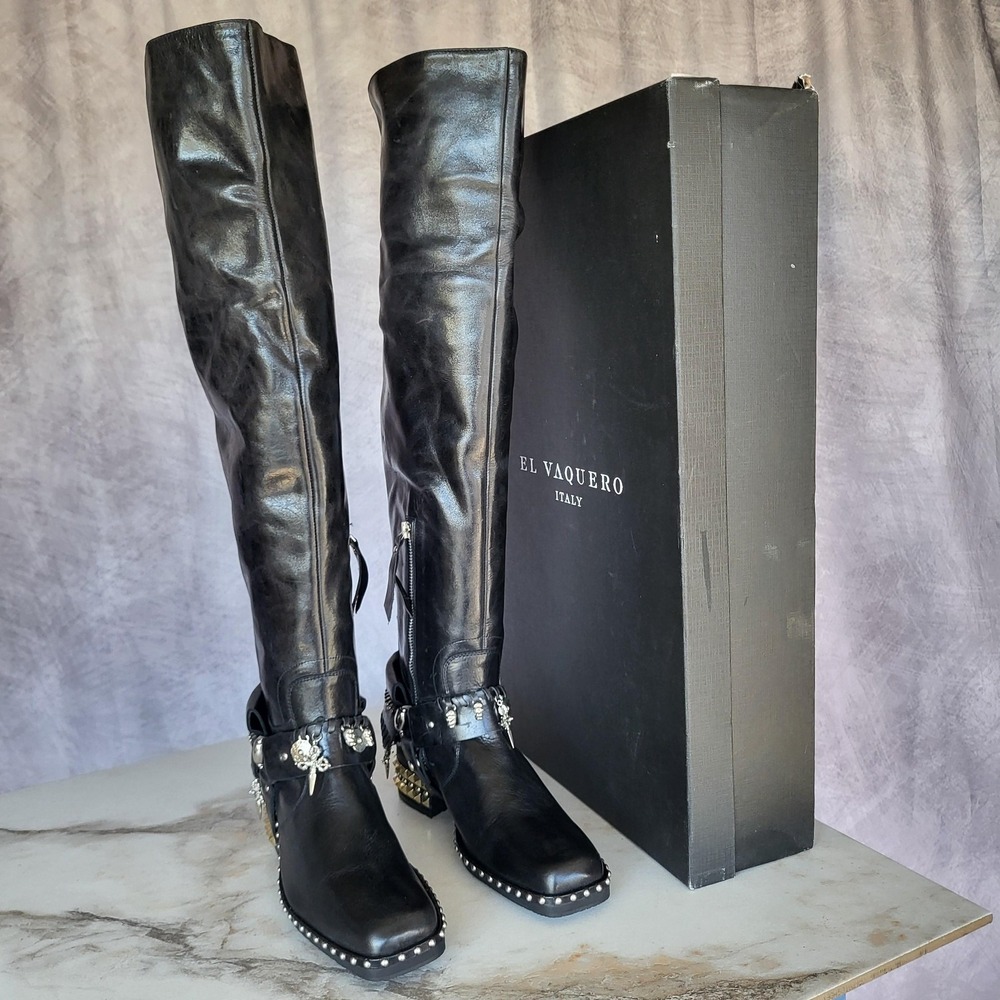El Vaquero Tatiana Boots Womens Size 6.5 Black Leather Studded Over The Knee - Picture 2 of 16